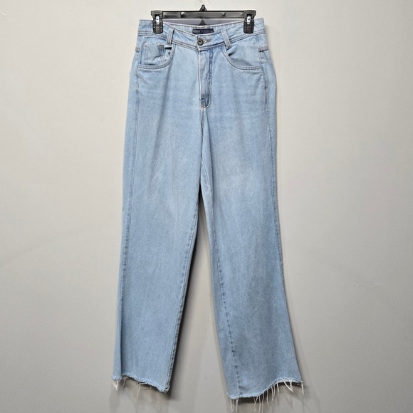 Womens Wide Leg Jeans SZ 8 Relaxed Light Wash High Rise Raw Hem Baggy Oversized - Picture 1 of 7